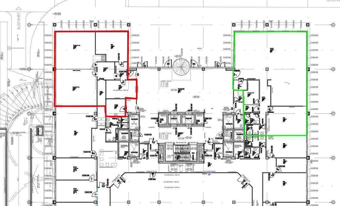 Ausschnitt eines Büro-Grundrisses mit hervorgehobenen Bereichen und verschiedenen Raumgrößen.