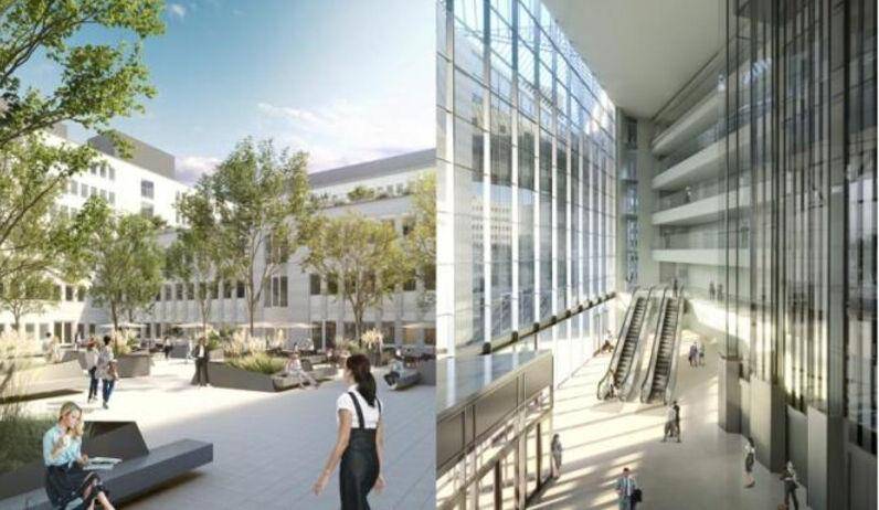 Kombinierte Ansicht eines modernen Innenhofs mit Sitzgelegenheiten und eines lichtdurchfluteten Atriums mit Rolltreppen.