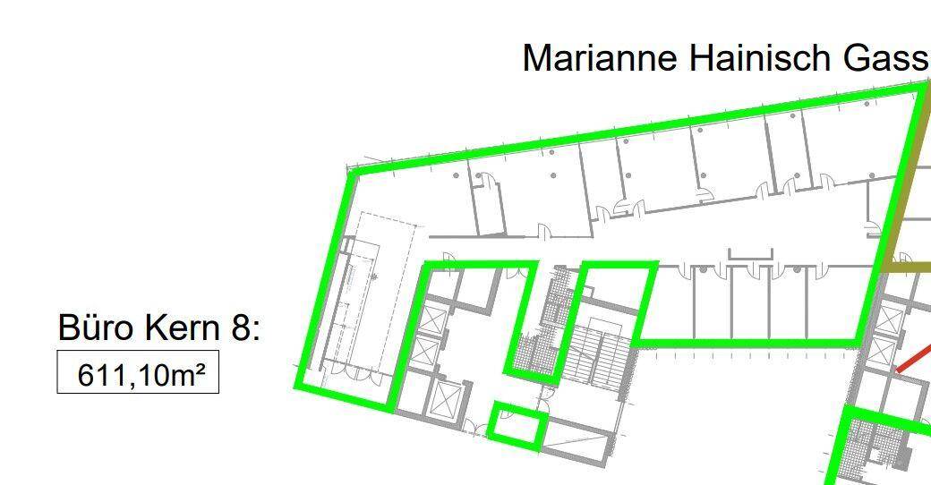 Detaillierter Grundriss eines Bürokomplexes mit einer Fläche von 611,10m² und angrenzender Straße.