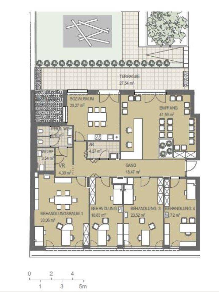 Grundriss einer Gewerbefläche mit Empfangsbereich, Sozialraum, mehreren Behandlungszimmern und einer großen Terrasse.