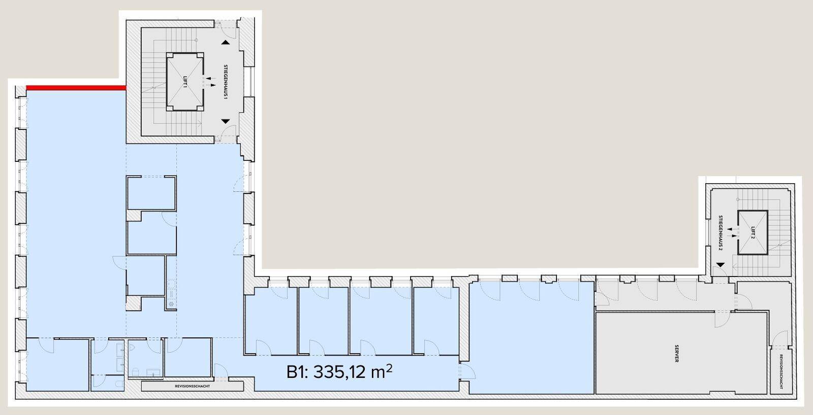 Grundrissplan einer Etage mit mehreren Räumen, zwei Treppenhäusern und Aufzügen, ideal für Büronutzung.