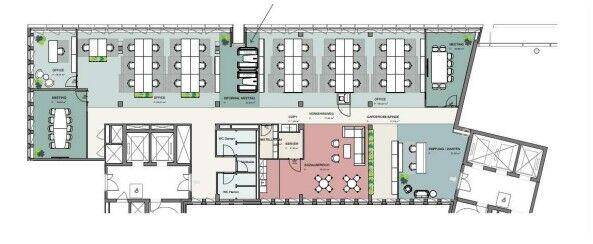 Büro-Grundriss mit flexiblen Arbeitsplätzen und Konferenzräumen in offener Gestaltung.