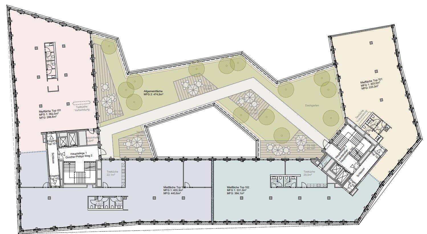 Grundriss eines Obergeschosses mit Innenhof, verschiedenen Mietbereichen und Sanitäranlagen.