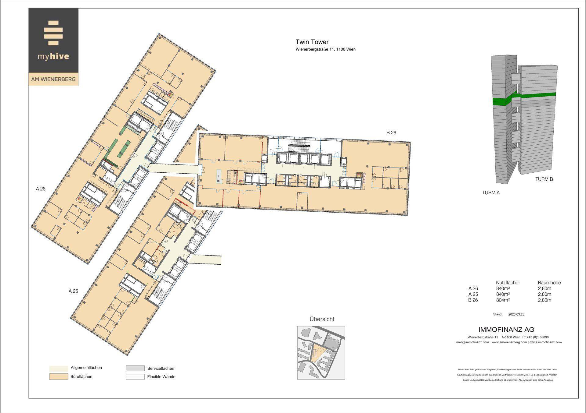 Mehrere Grundrisse für verschiedene Etagen der Twin Towers, ergänzt durch eine 3D-Ansicht der Gebäude.
