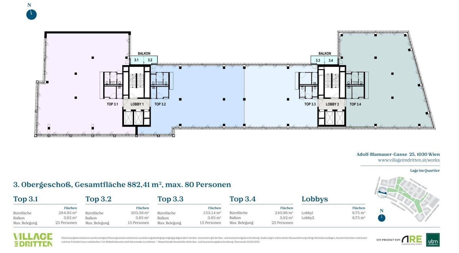 Grundriss des 3. Obergeschosses mit Balkonen und flexiblen Büroflächen für verschiedene Nutzungen.