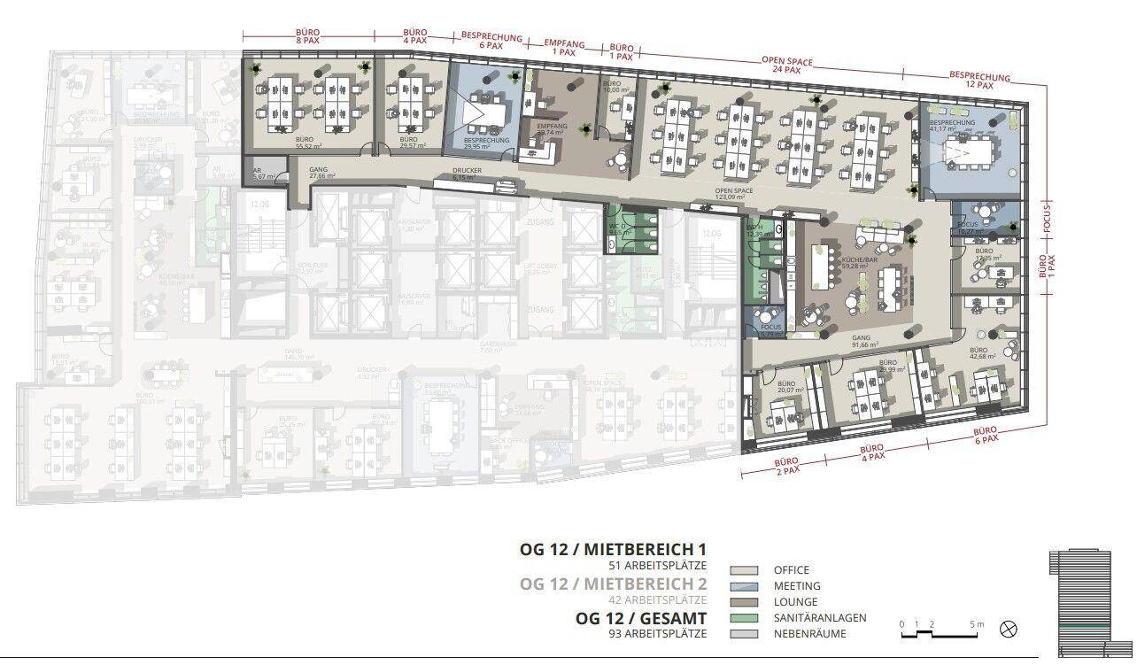 Detaillierter Büro-Grundriss für das OG 12, der den Mietbereich 1 mit Büros, Besprechungsräumen und Lounge-Bereichen darstellt.