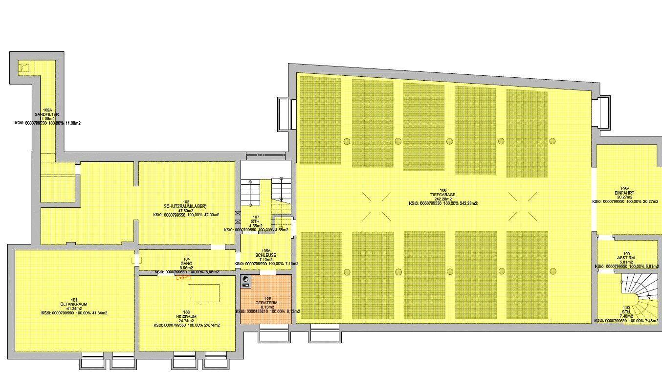Grundriss der Tiefgarage mit markierten Stellplätzen und Zugangsbereichen.