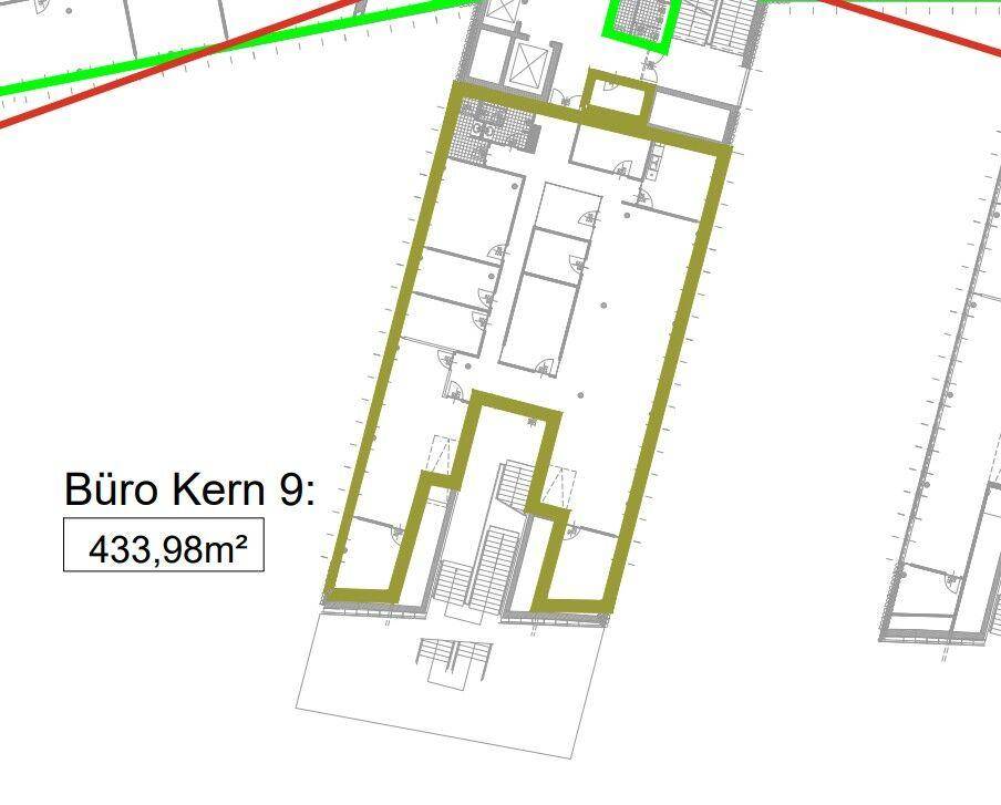 Grundriss eines Bürogeschosses mit einer Fläche von 433,98m² und mehreren Räumen.