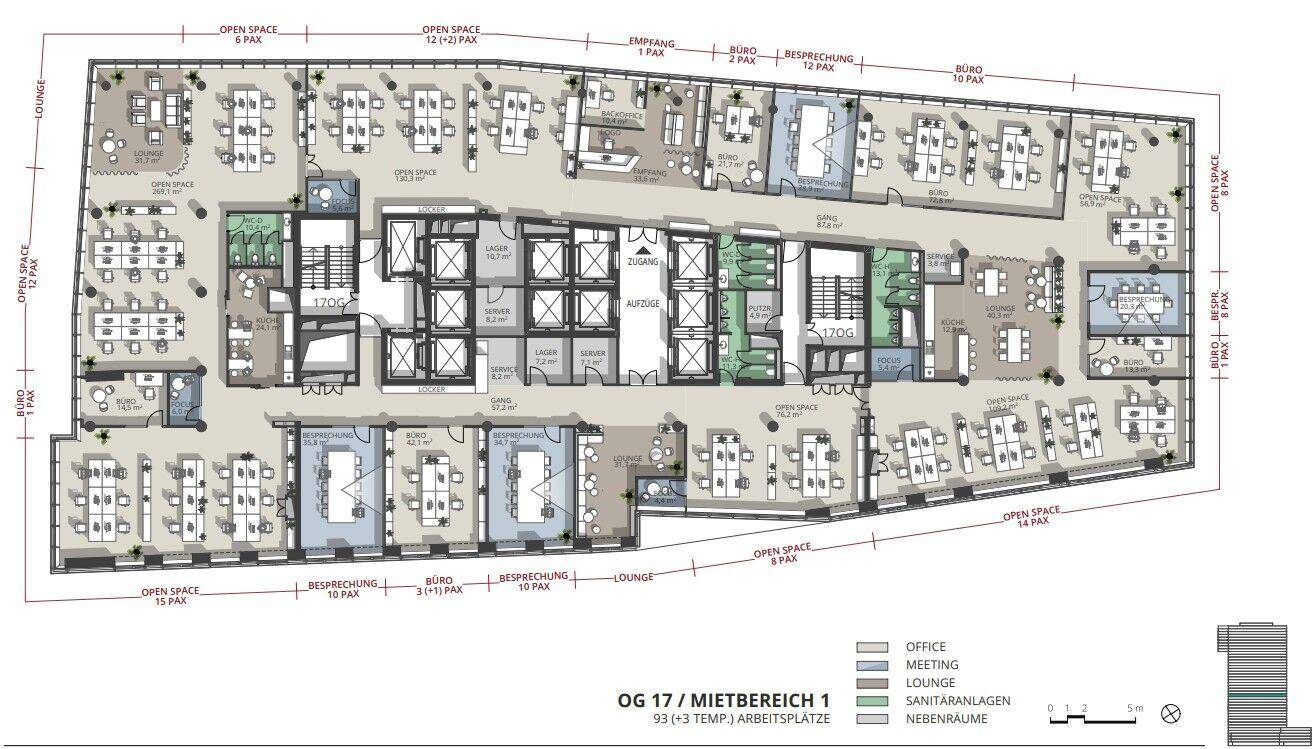 Detaillierter Büro-Grundriss für das OG 17, der die gesamte Etage mit Büros, Besprechungsräumen und Lounge-Bereichen zeigt.