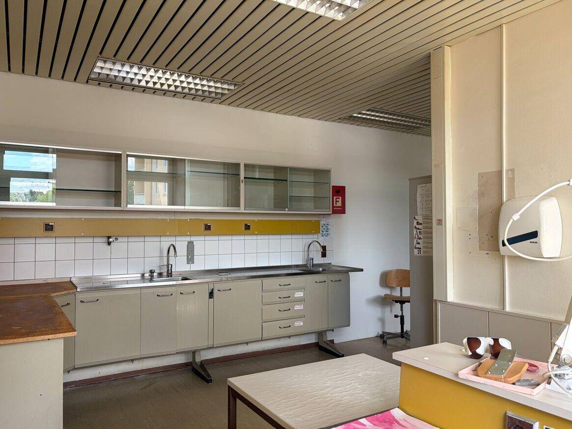 Langer Raum mit mehreren Spülbecken, Hängeschränken und Fliesenwand, ideal für Laborarbeiten.
