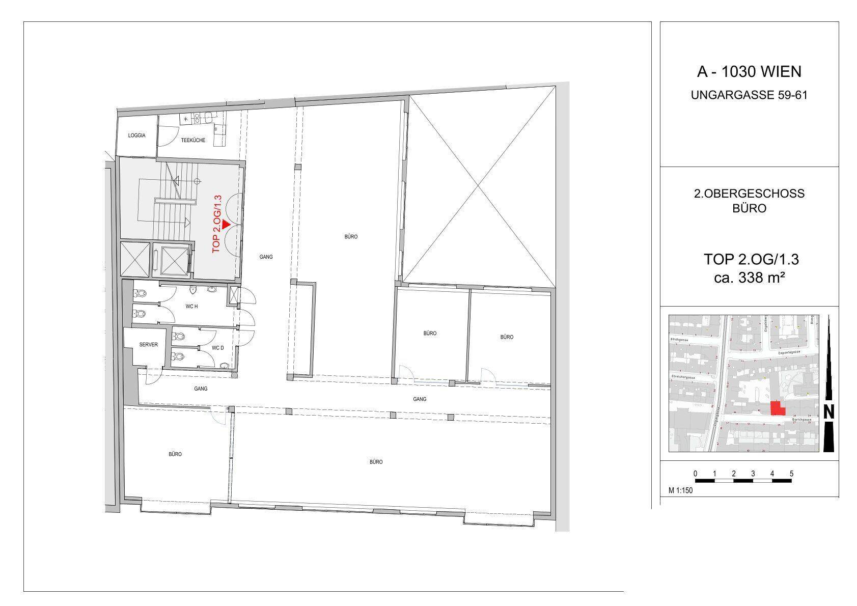 Grundriss des zweiten Obergeschosses mit Büroräumen, Loggia und Teeküche.