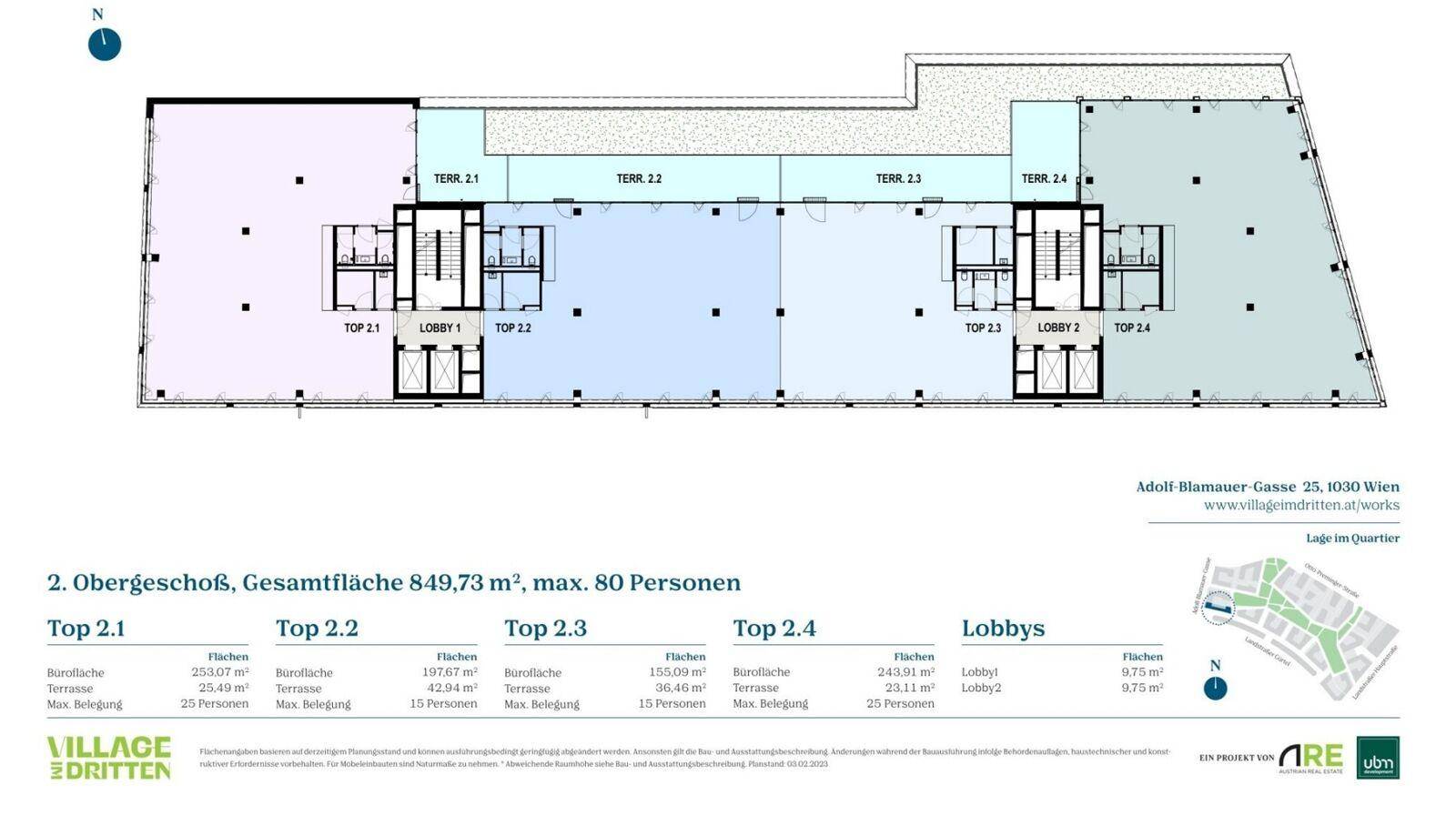 Grundriss des 2. Obergeschosses mit großzügigen Terrassenbereichen und flexiblen Büroeinheiten.