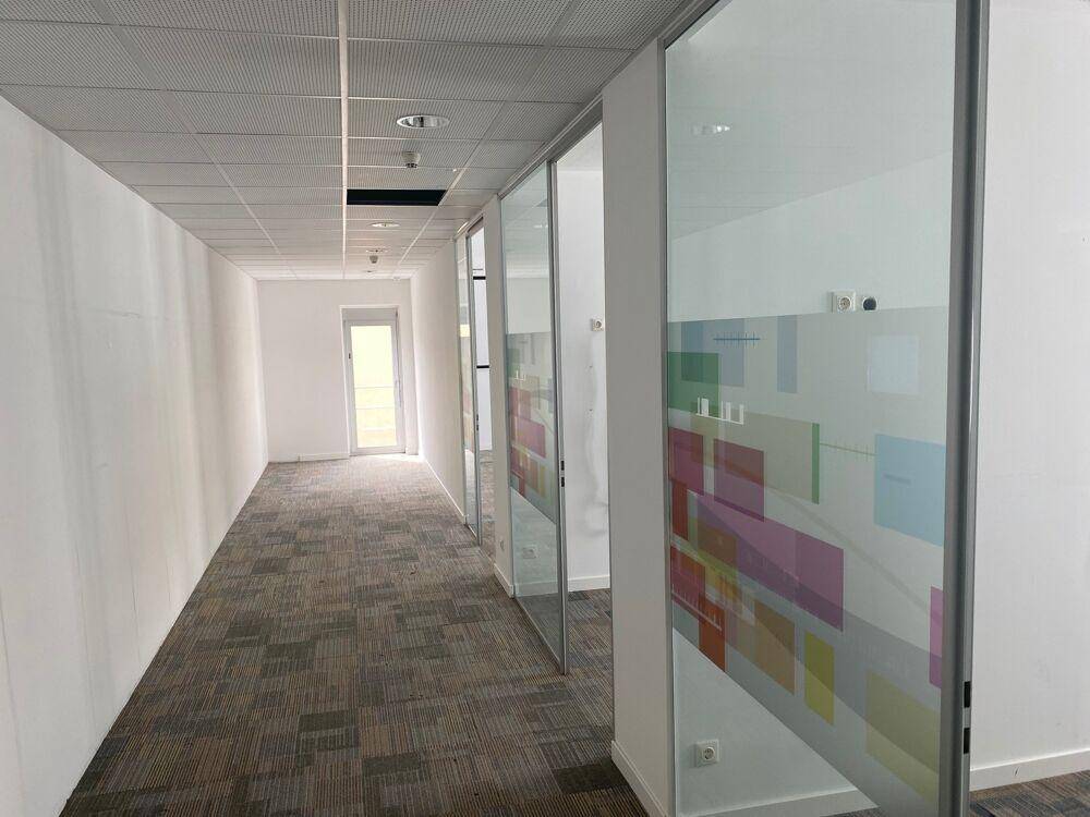 Langer Bürogang mit Teppichboden und Glaswänden, die zu den angrenzenden Büros führen.