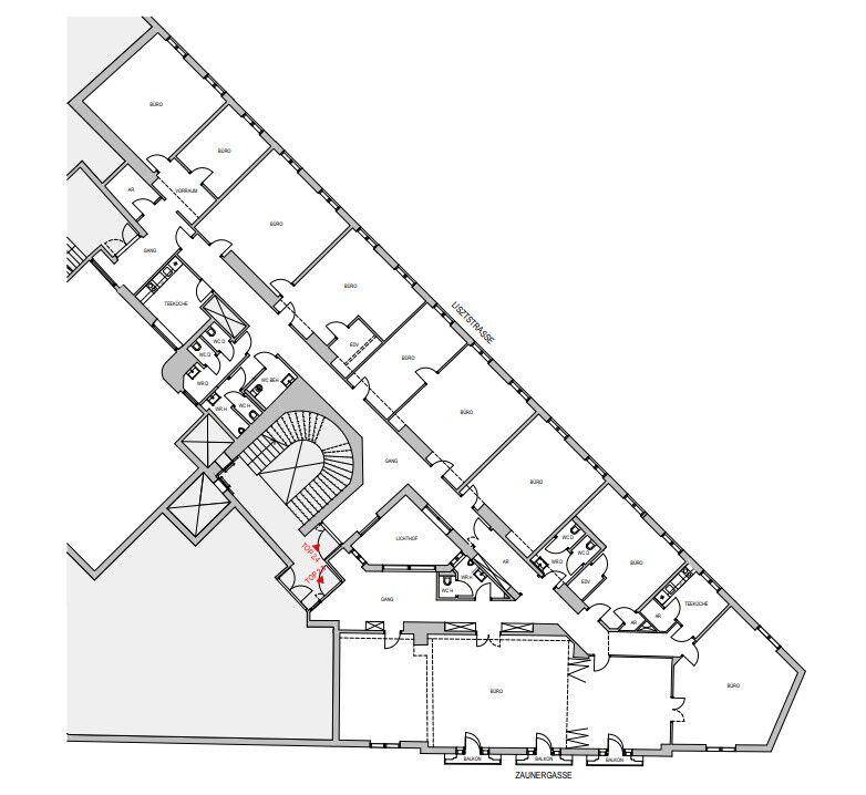 Detaillierter Grundriss eines Bürogebäudes mit mehreren Räumen und einem zentralen Treppenhaus.