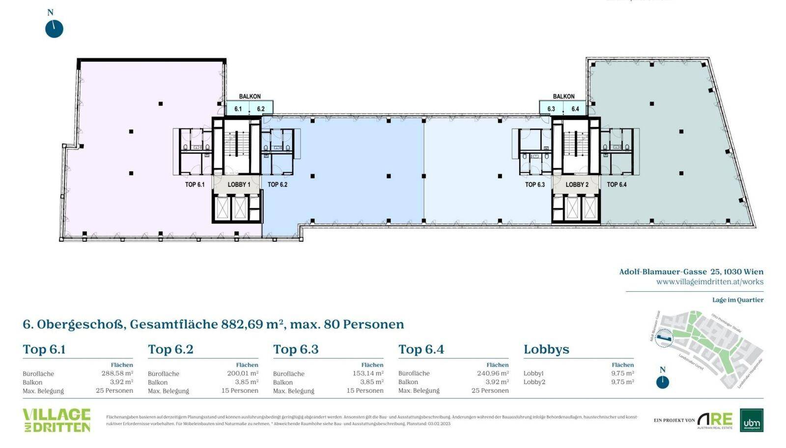 Grundriss des 6. Obergeschosses mit Balkonen und detaillierten Flächenangaben für Büroeinheiten.