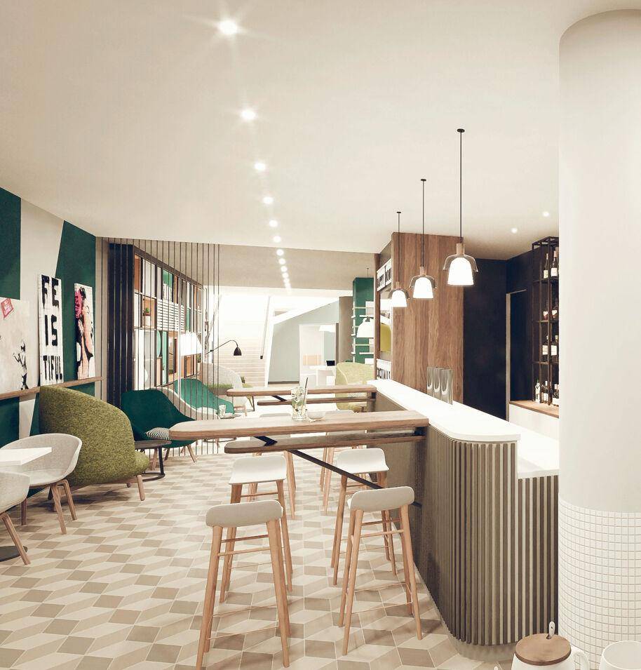 Moderne Café- oder Barbereich mit geometrischen Bodenfliesen, hohen Tischen und grünen Akzenten.