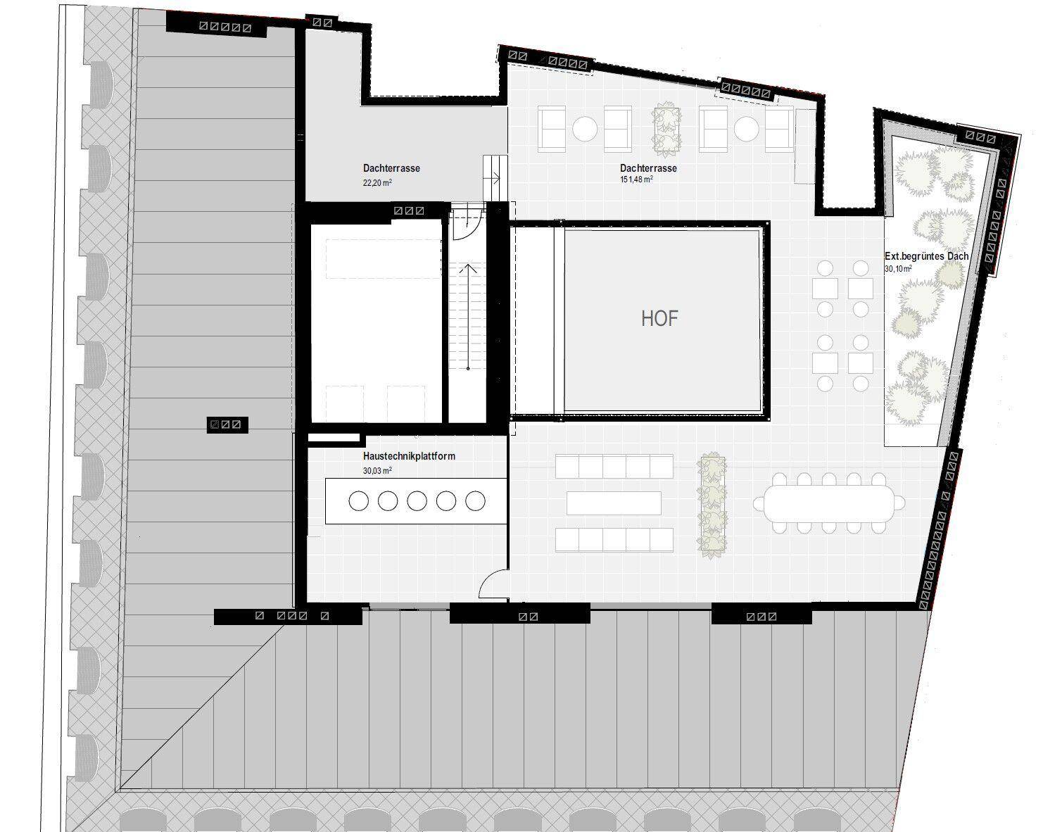 Grundriss der Dachebene mit zwei Terrassenbereichen und einer Haustechnikplattform.