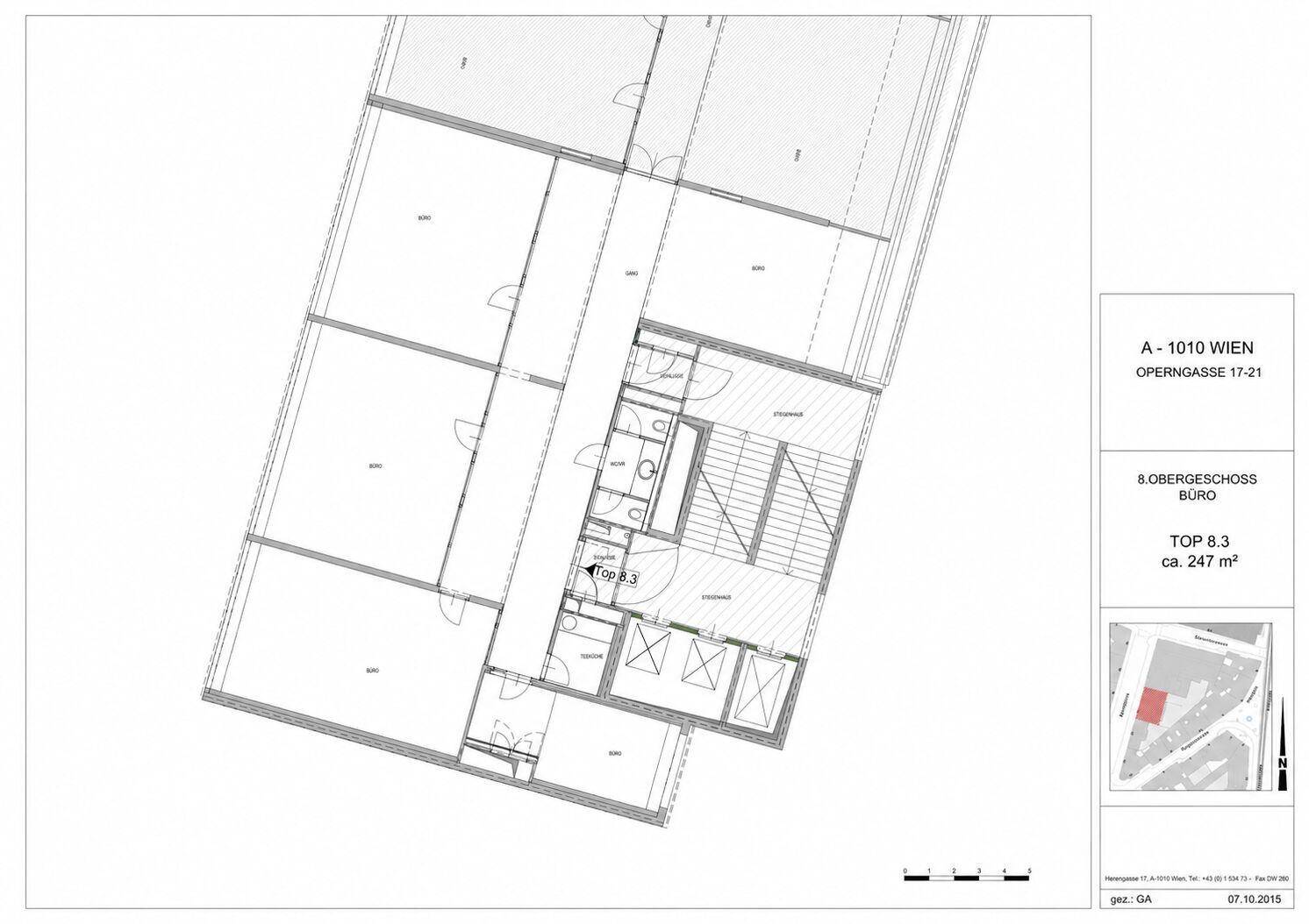 Teilgrundriss des 8. Obergeschosses, Bereich TOP 8.3, mit einer Fläche von ca. 247 m².