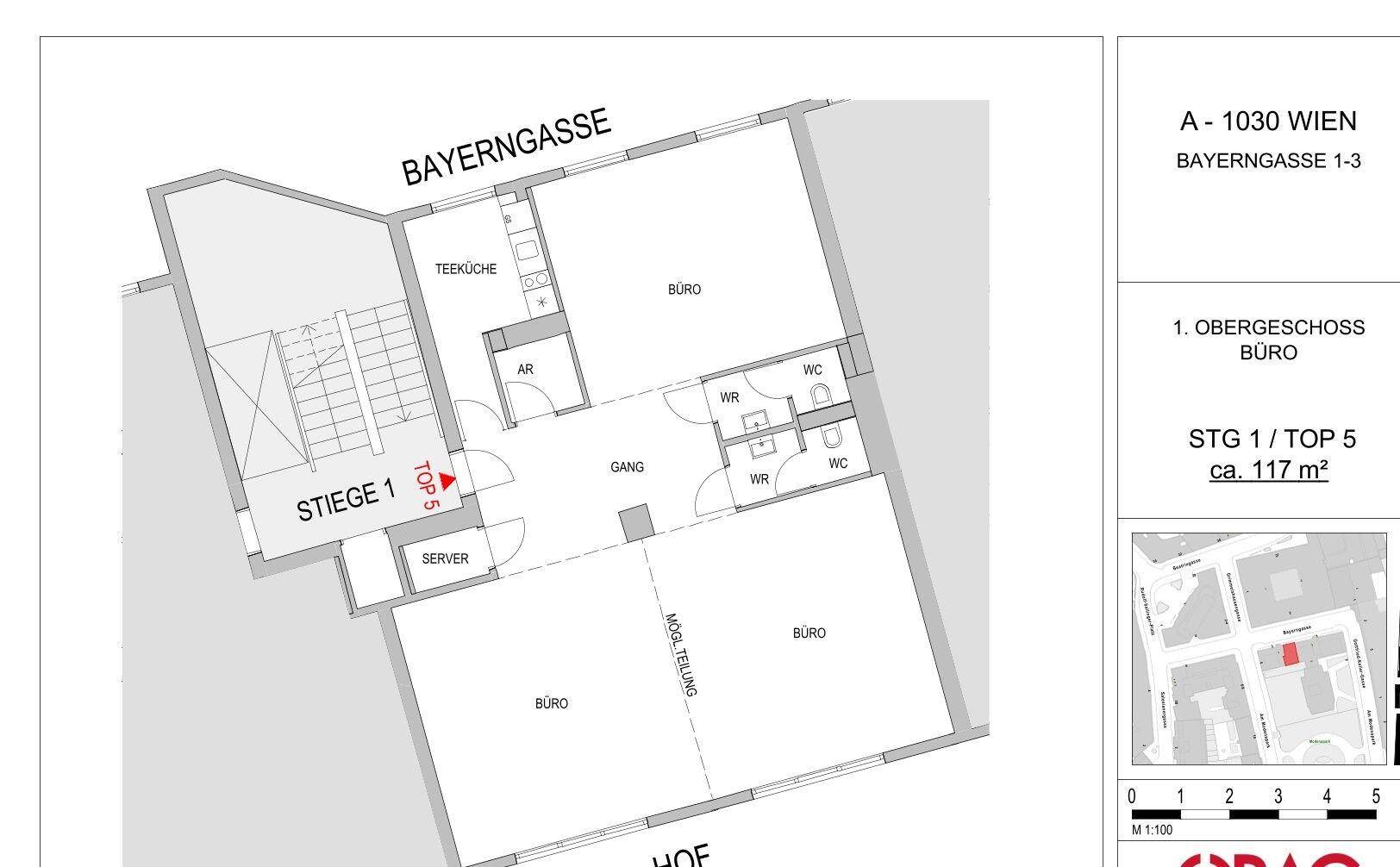 Grundrissplan eines Bürogeschosses mit Teeküche, mehreren Büros und Sanitäranlagen.