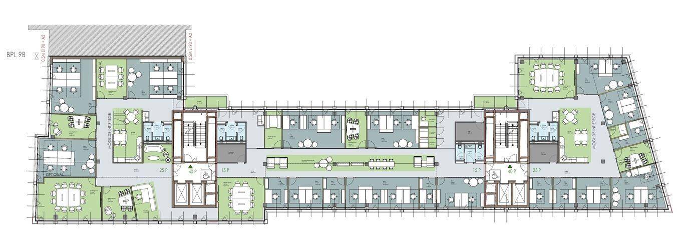 Detaillierter Grundriss einer Büroetage mit verschiedenen Zonen für konzentriertes Arbeiten und Kollaboration.