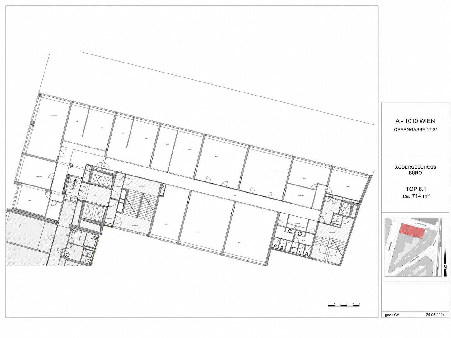 Detaillierter Grundriss des 8. Obergeschosses mit einer Gesamtfläche von ca. 714 m².