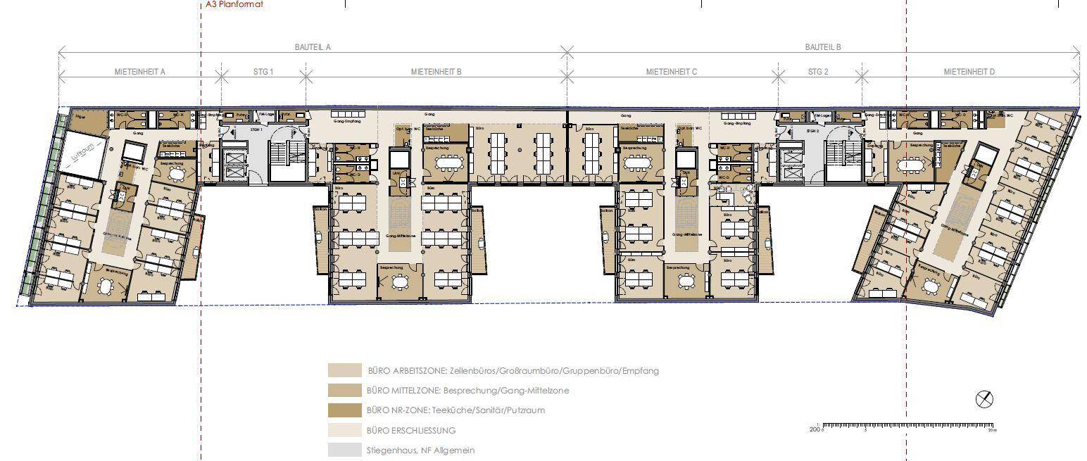 Übersichtlicher Grundriss einer Büroetage mit flexiblen Arbeitsbereichen und klar definierten Zonen.