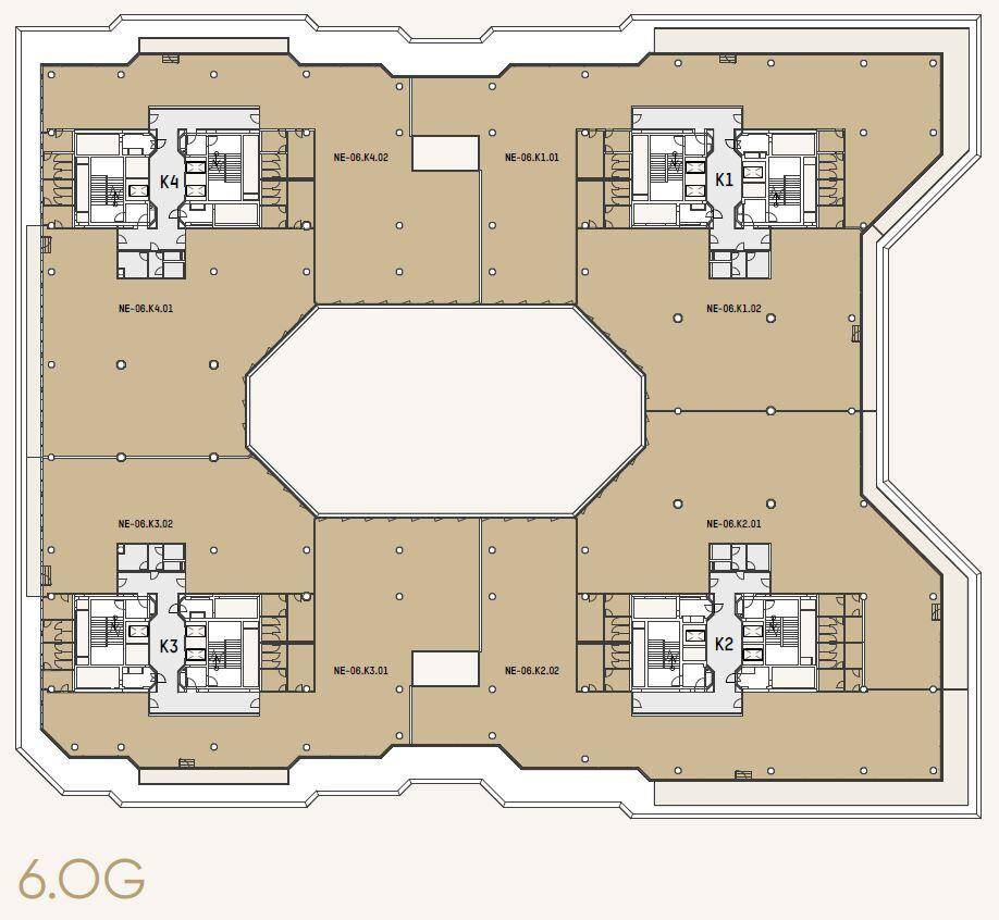 Grundriss der sechsten Etage eines Bürogebäudes mit zentralem Lichthof und vier Kernbereichen.