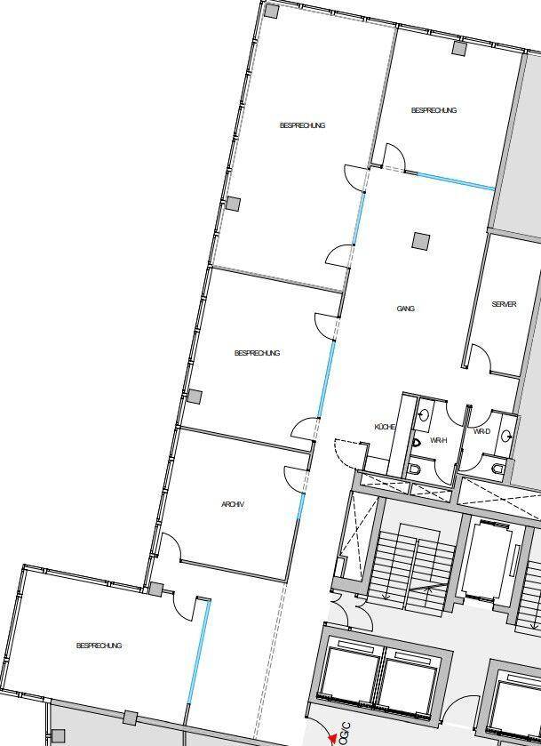Grundriss eines Bürogeschosses mit Besprechungsräumen, Archiv, Küche und Sanitäranlagen.