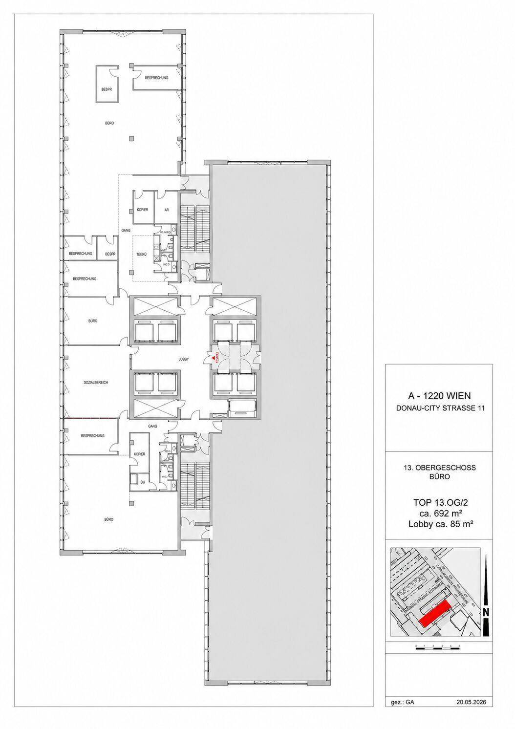 Grundriss des 13. Obergeschosses mit Büros und Lobby, inklusive Flächenangaben und einem Lageplan.