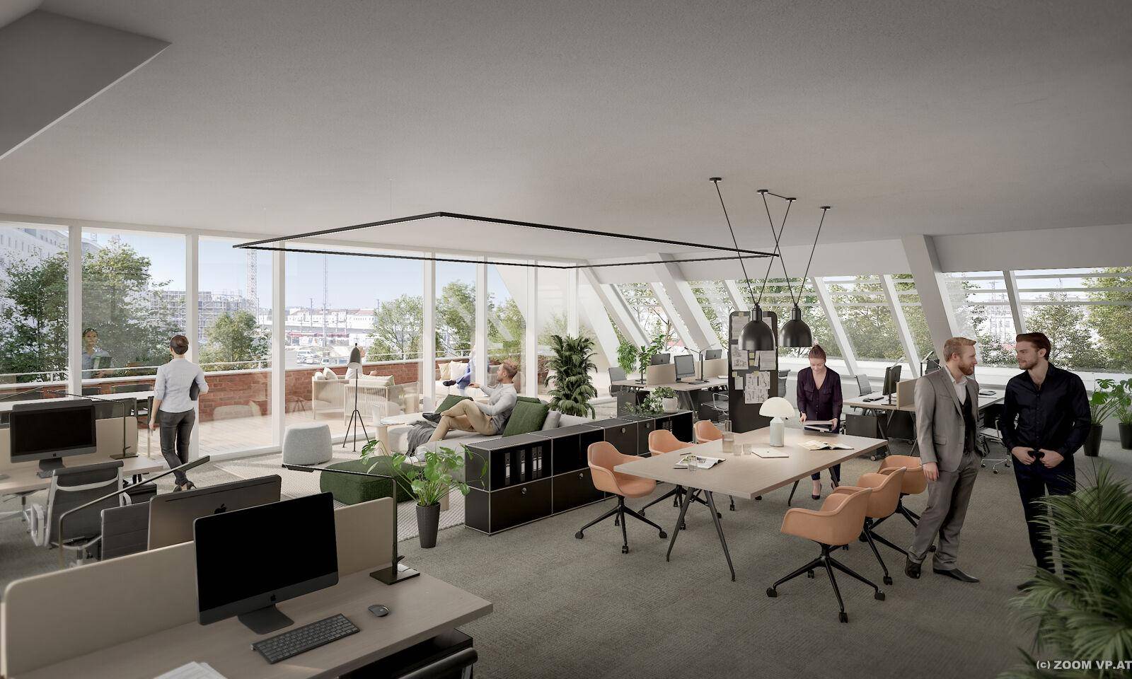 Geräumiges Büro mit bodentiefen Fenstern, Lounge-Bereich und Blick auf die Umgebung.