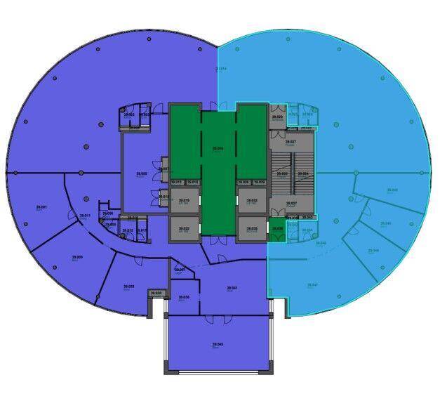 Übersichtlicher Grundriss einer Etage mit klar definierten Zonen und Zugang zu den Aufzügen.