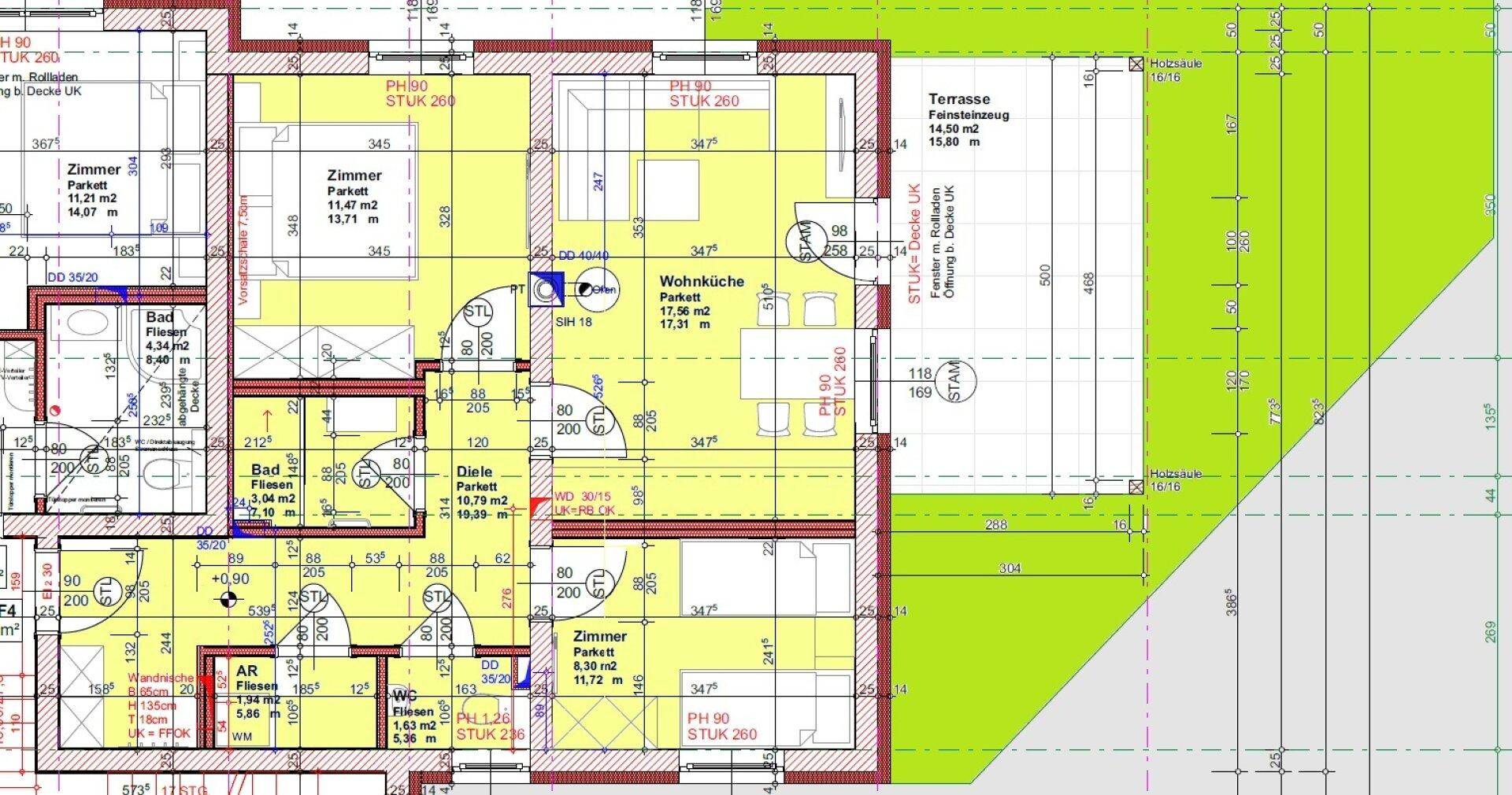 Detaillierter Grundriss des Erdgeschosses mit Zimmern, Terrasse und Gartenbereich.
