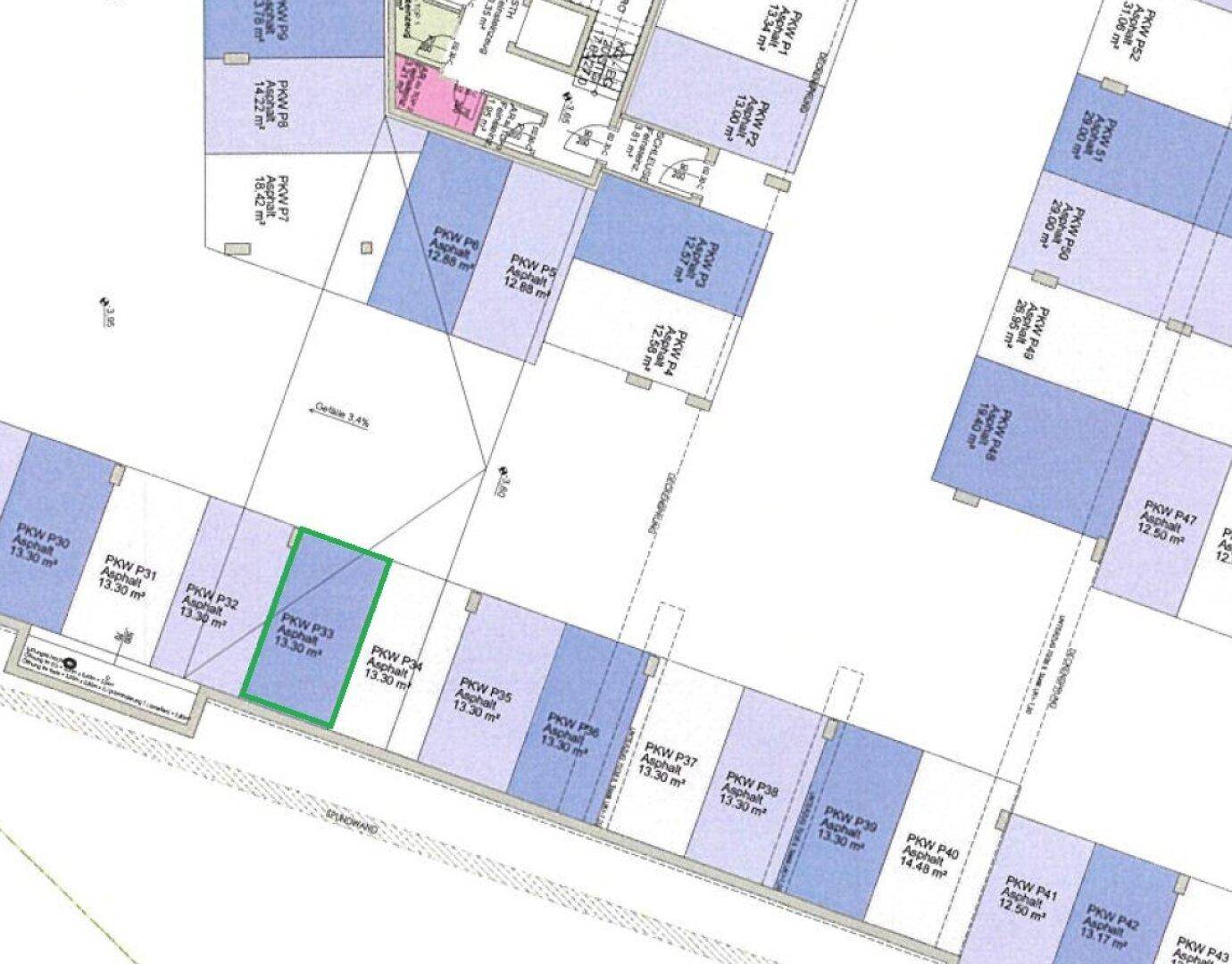 Grundrissplan mit mehreren nummerierten PKW-Stellplätzen in einer Tiefgarage.