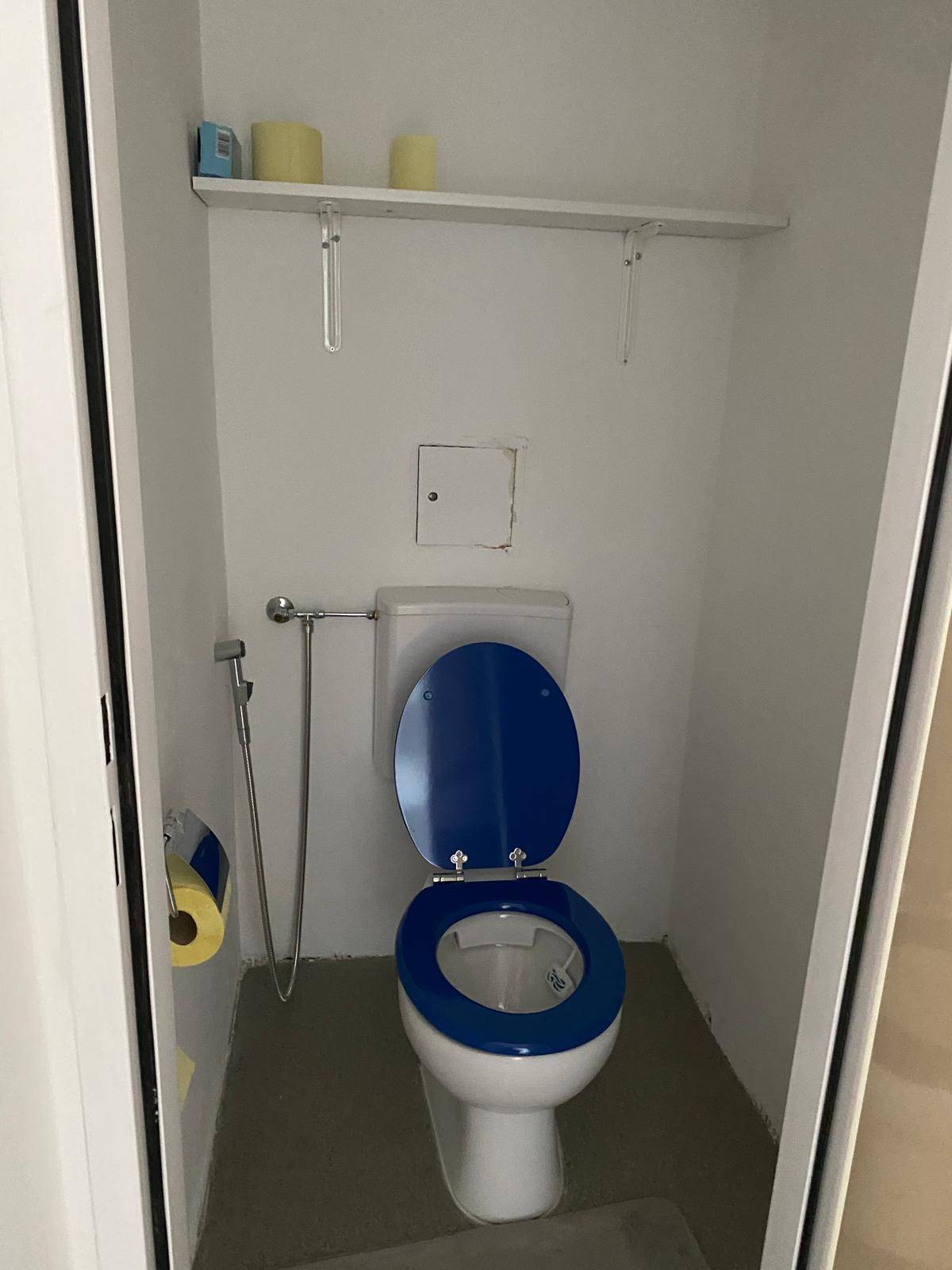Kleines WC mit Toilette, Bidet-Brause und einfacher Ablagefläche.