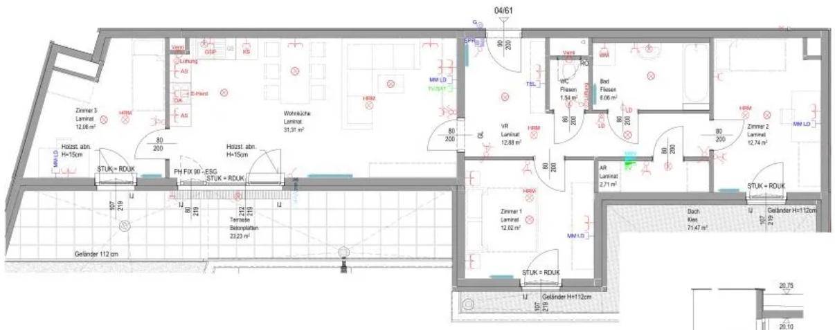 Grundriss zeigt eine offene Wohnfläche mit mehreren Zimmern, großer Terrasse und Balkon.