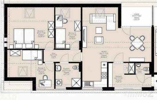 Grundriss einer Wohnung mit drei Zimmern, zwei Bädern und Loggia.
