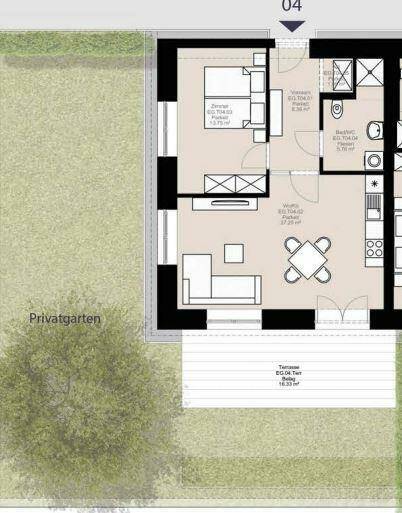 Grundriss einer Wohnung mit privatem Garten, Terrasse und offenem Wohnbereich.