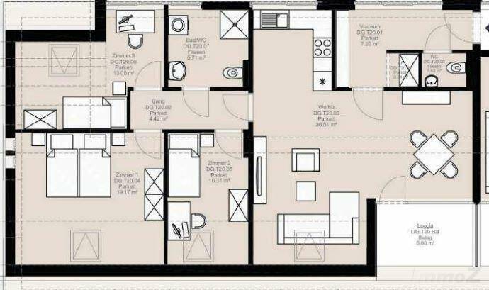 Grundriss einer Wohnung mit drei Zimmern, Loggia und offenem Wohnbereich.