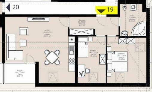 Grundriss einer Wohnung mit offenem Wohnbereich, zwei Schlafzimmern und einem Badezimmer.