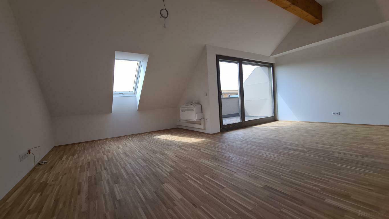 Großer, leerer Wohnbereich im Dachgeschoss mit Holzboden, Dachfenster und Schiebetür zur Terrasse.