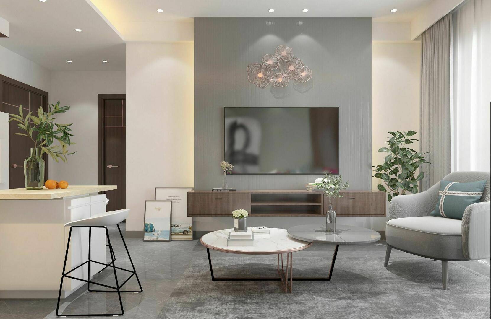 Modernes Wohnzimmer mit stilvoller TV-Wand, Couch und angrenzendem Barbereich.
