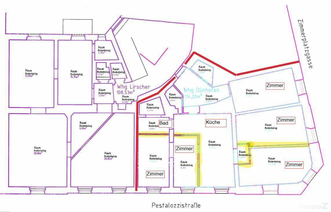 Grundriss einer Wohnung mit mehreren Zimmern, Küche und Bad.