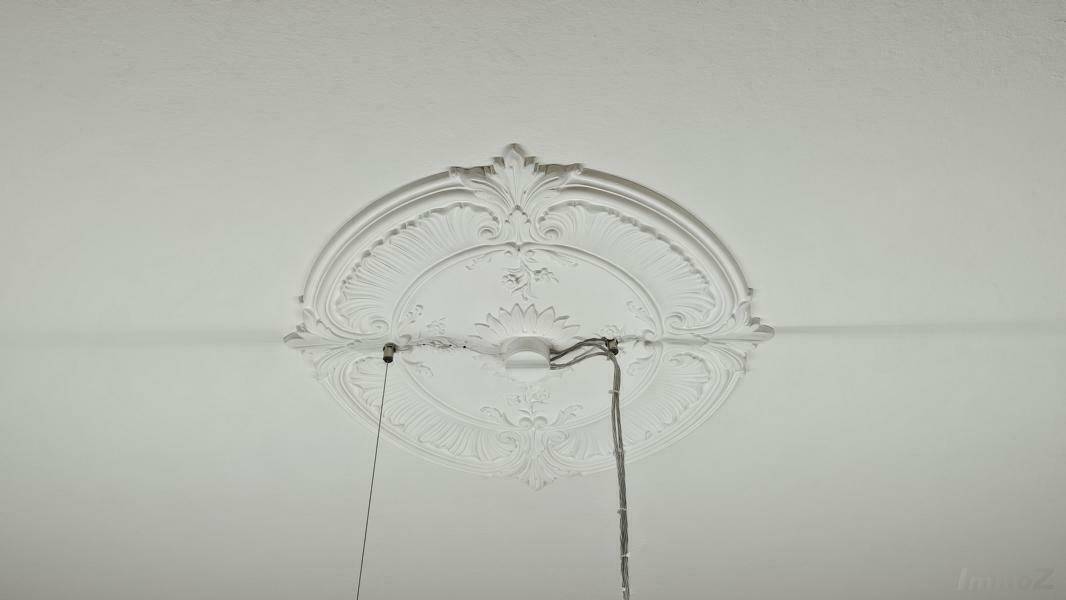 Detailaufnahme einer verzierten Deckenrosette mit Kabeln für eine Beleuchtung.