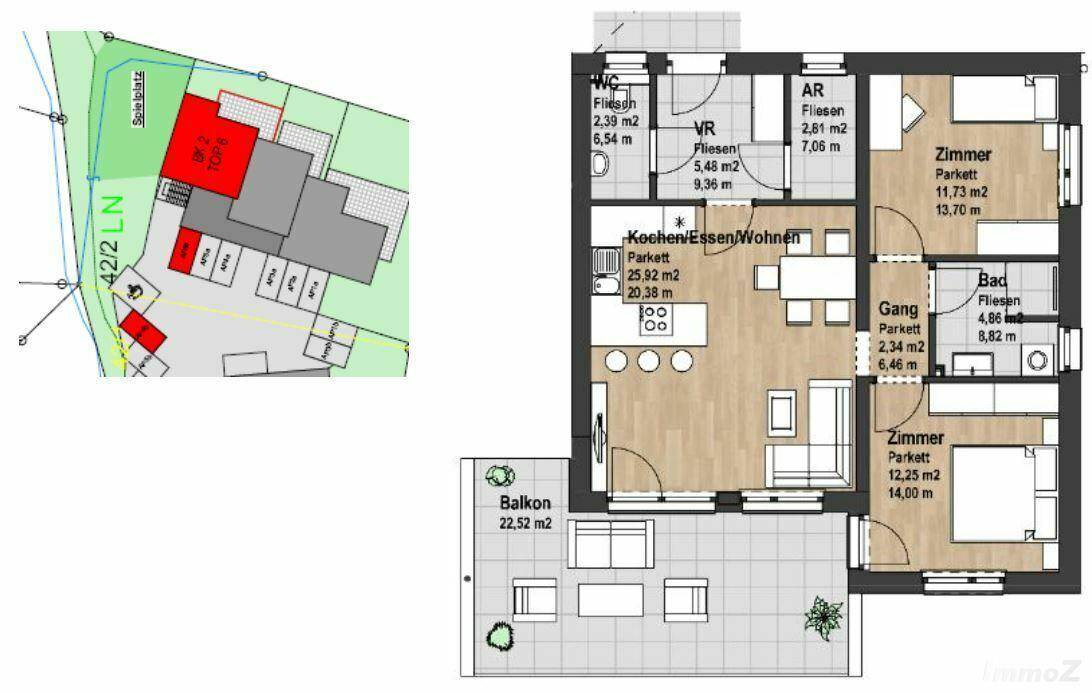 Detaillierter Grundriss einer Wohnung mit offenem Wohnbereich, zwei Schlafzimmern und großem Balkon.