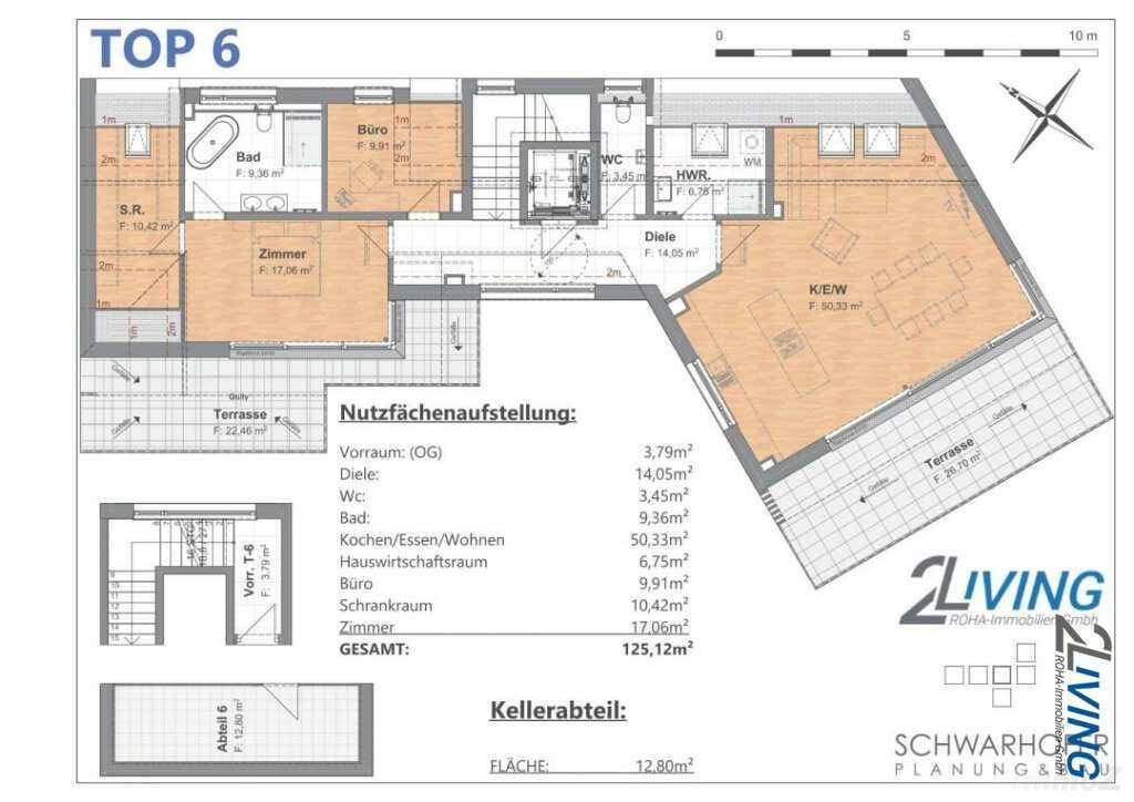Grundriss der Wohnung Top 6 mit Terrasse und Kellerabteil.