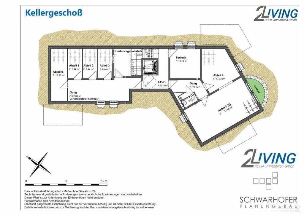 Grundriss des Kellergeschosses mit Abteilen und Technikraum.