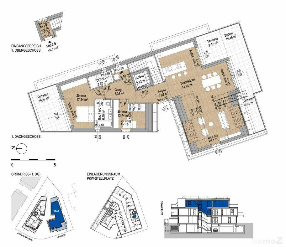 Detaillierter Grundriss des Obergeschosses mit Terrassen und Balkonflächen.