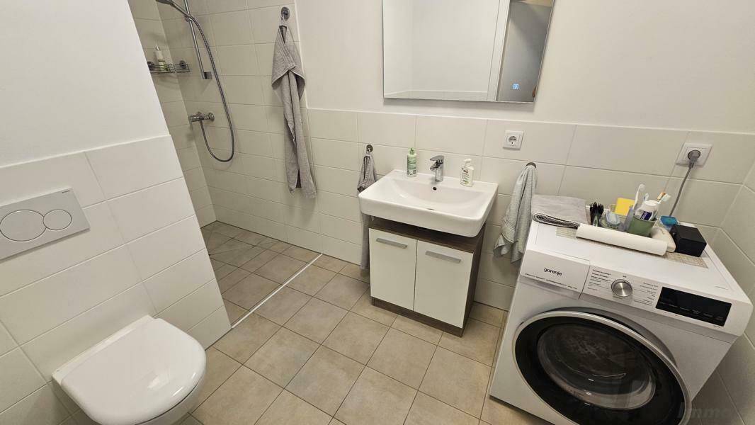 Modernes Badezimmer mit ebenerdiger Dusche, Waschbecken, wandhängendem WC und Waschmaschine.