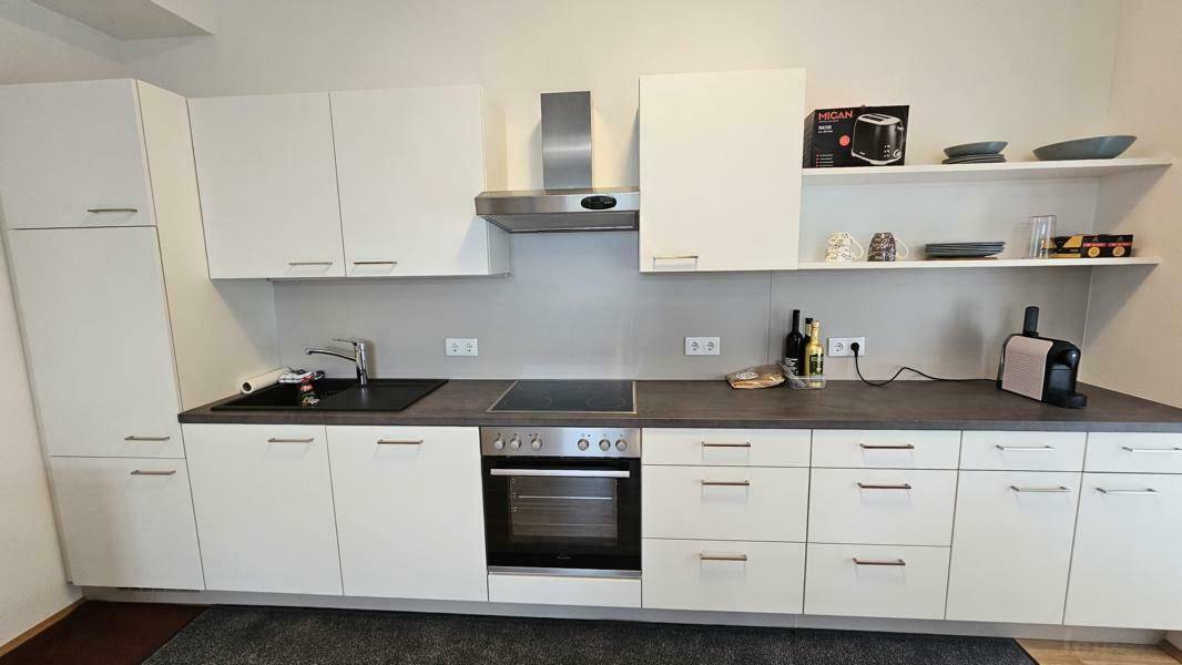 Moderne Einbauküche in Weiß mit dunkler Arbeitsplatte, Induktionskochfeld und integrierten Geräten.