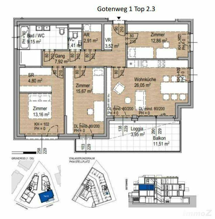 Detaillierter Grundriss einer Wohnung mit Wohnküche, mehreren Zimmern, Bad, WC, Loggia und Balkon.